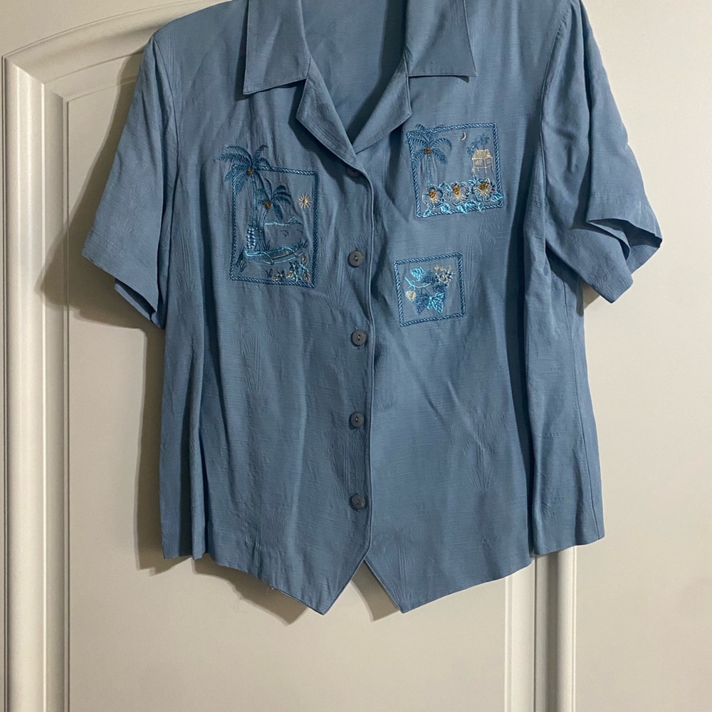 Vintage 90’s Blue Embroidered Button-Up Shirt with skirt